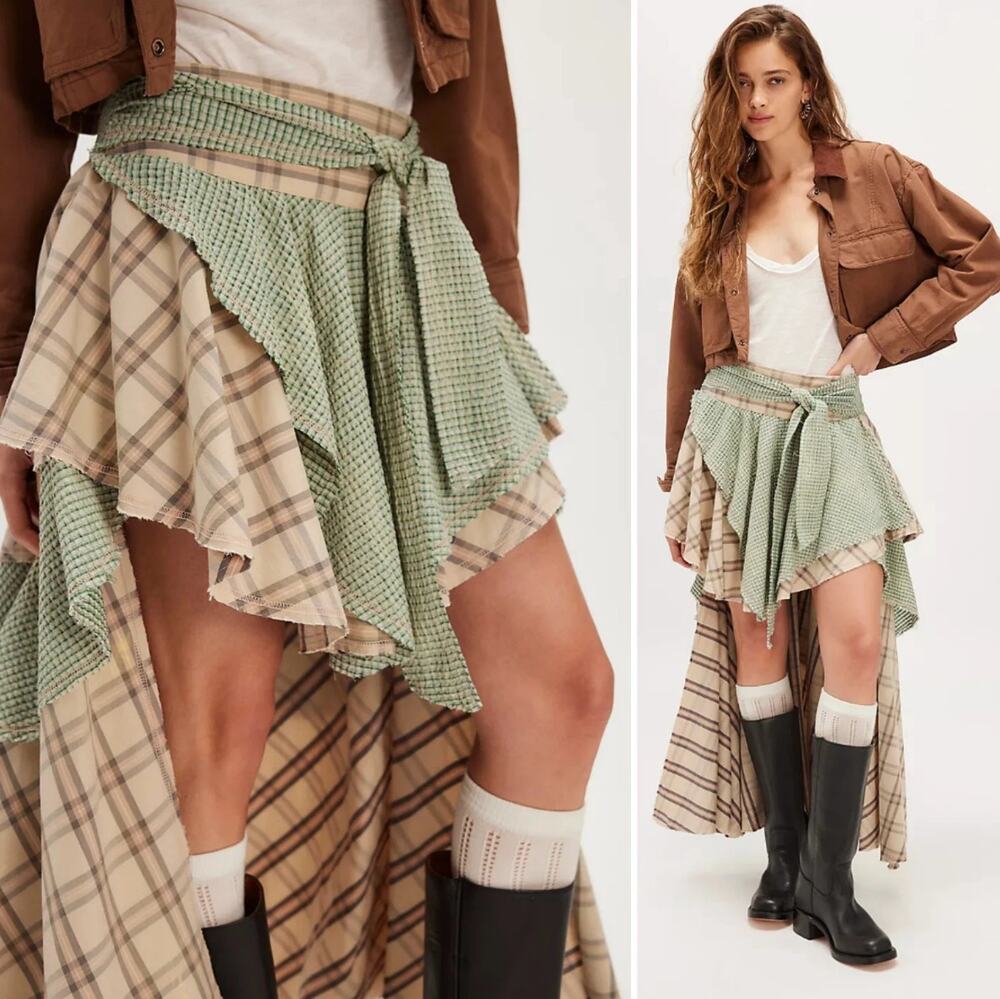 Free People CALLIOPE Plaid High Low Maxi Skirt in Neutral Combo Size 6 NWOT $248